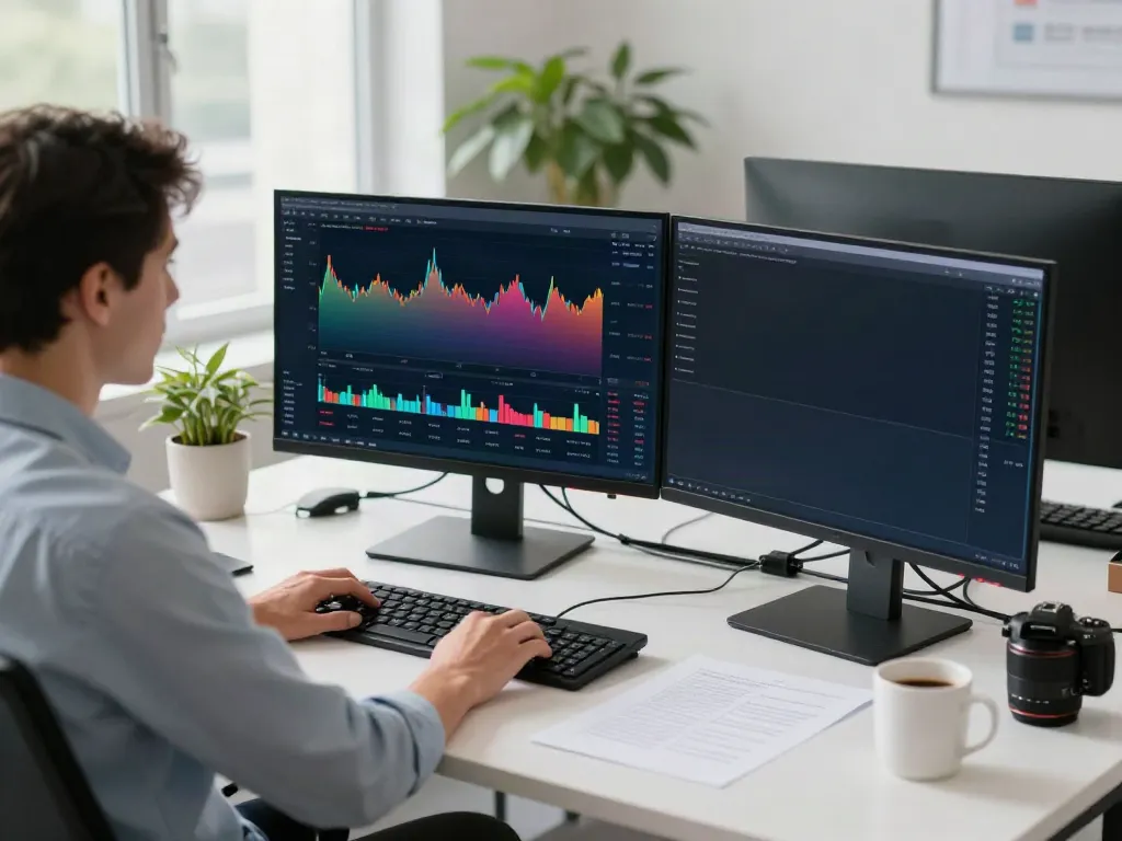 tradingview官网 trader analyzing charts in a modern office setup