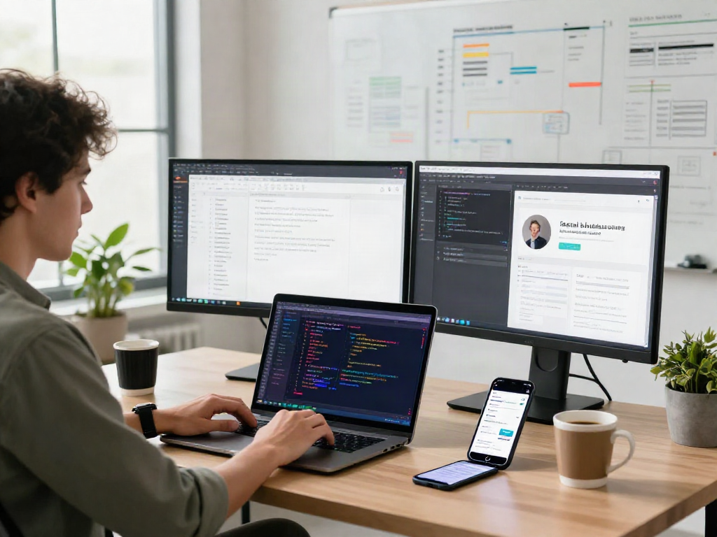 Developer showcasing the pikashow apk interface on a laptop in a creative workspace.