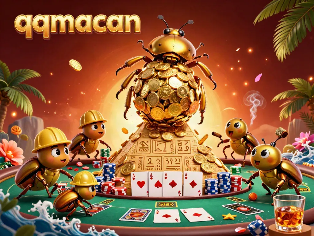 Experience thrilling gameplay with QQMacan's massive golden beetle rolling coin treasures at a vibrant casino scene.
