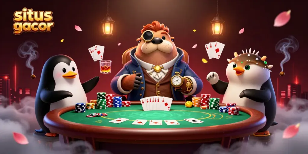 Experience situs gacor with a thrilling underwater poker match scene featuring unique characters.