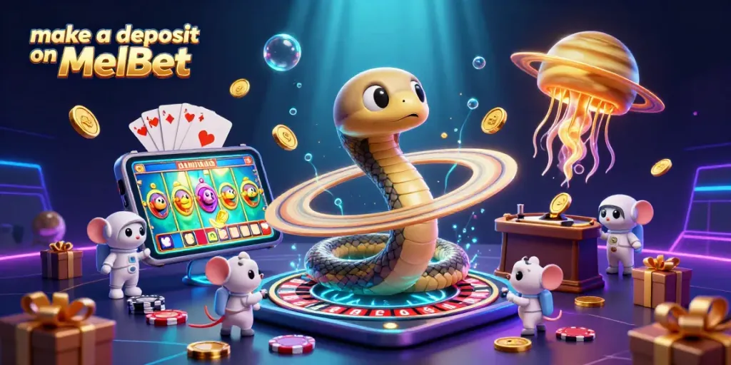 Make a deposit on MelBet through a vibrant 3D casino scene with cartoon characters and dynamic gaming elements.