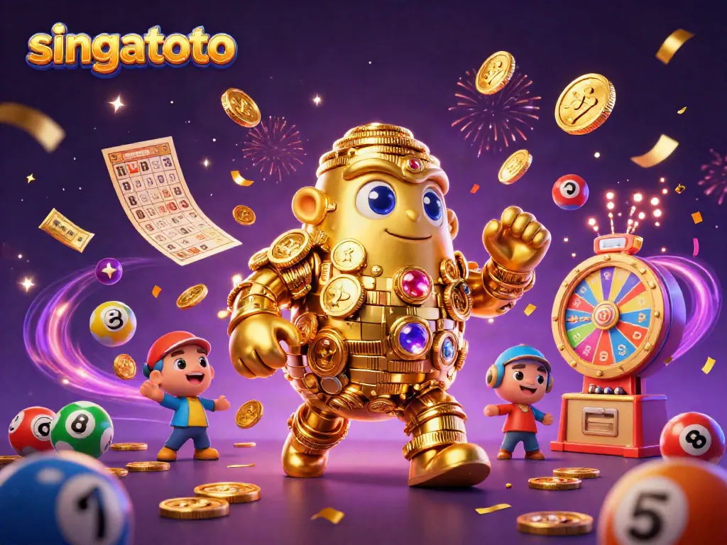 Experience the thrill of singatoto with vibrant lottery elements and a golden golem.