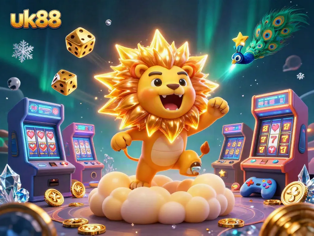 uk88 showcases vibrant 3D casino-themed elements including golden dice and slot machines.