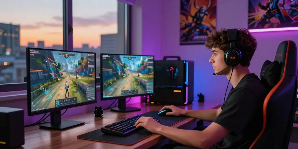 A captivating gaming setup featuring a player engaged in an online game with vibrant LED lights and high-tech peripherals, showcasing the game online experience.