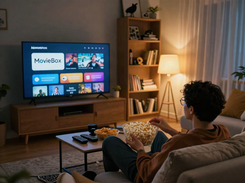 Enjoying the Moviebox app on a cozy couch during movie night with popcorn and warm lighting.