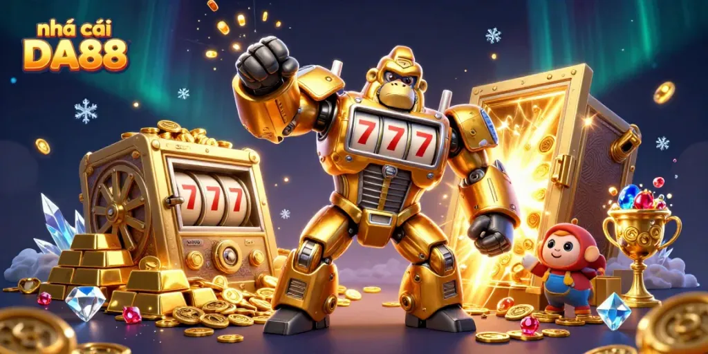 Engage with exciting gameplay at nhà cái DA88, featuring vibrant casino elements and a golden gorilla mech.