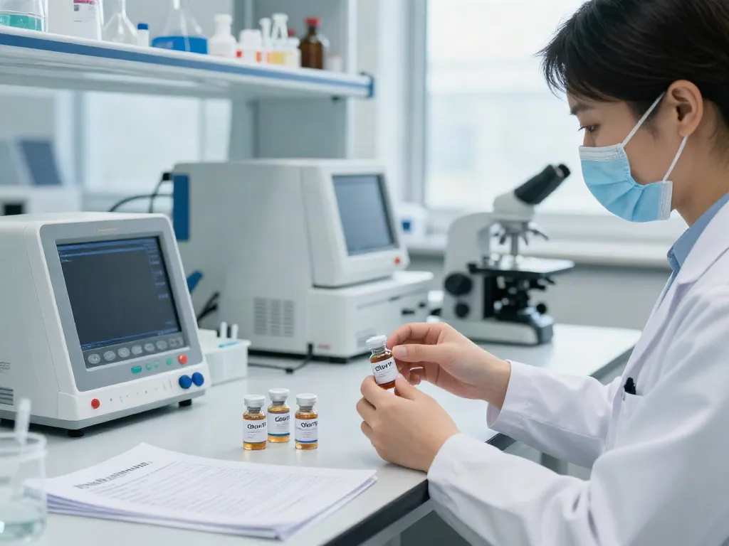 Researcher examining Glow 70 peptide vials in a modern lab, showcasing innovation in health.