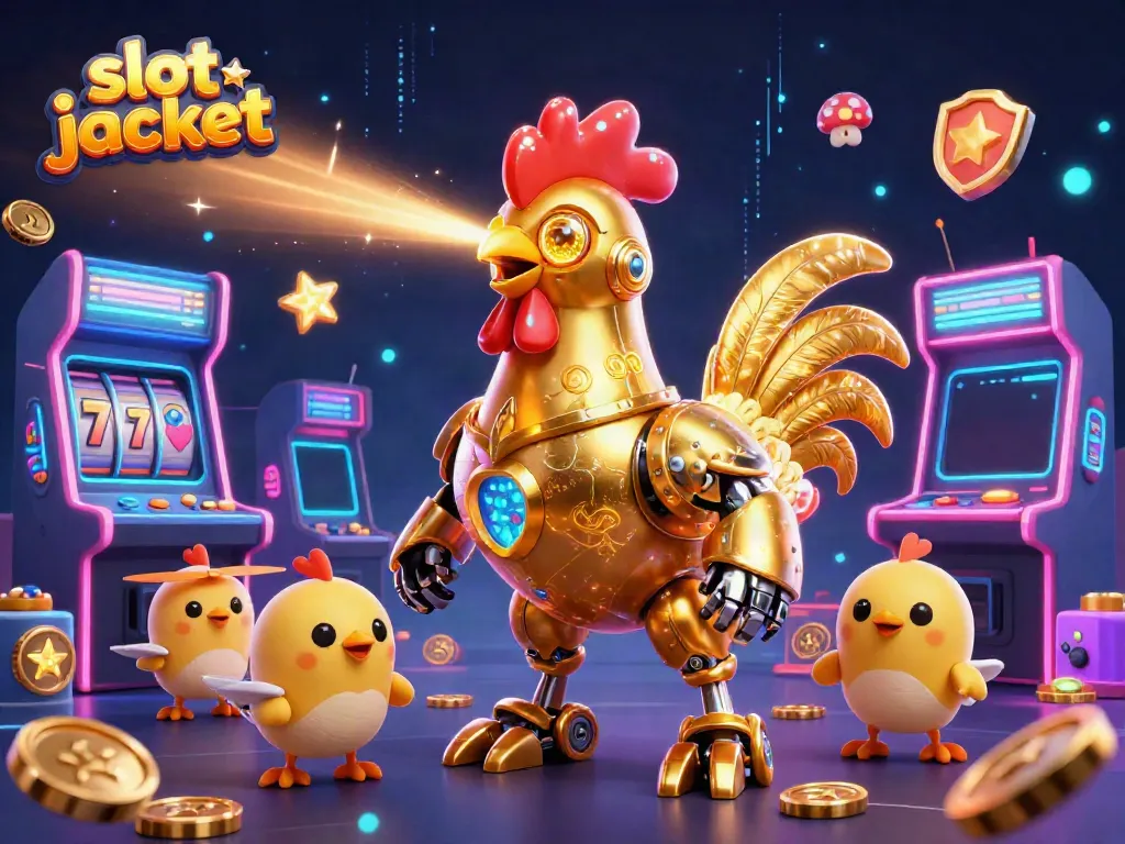 Experience the excitement of slot jackpot games with a futuristic golden rooster robot and baby chick drones.
