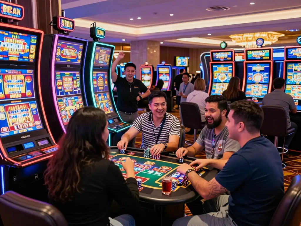 Exciting casino scene featuring players engaging with a colorful สล็อต machine in a lively environment.
