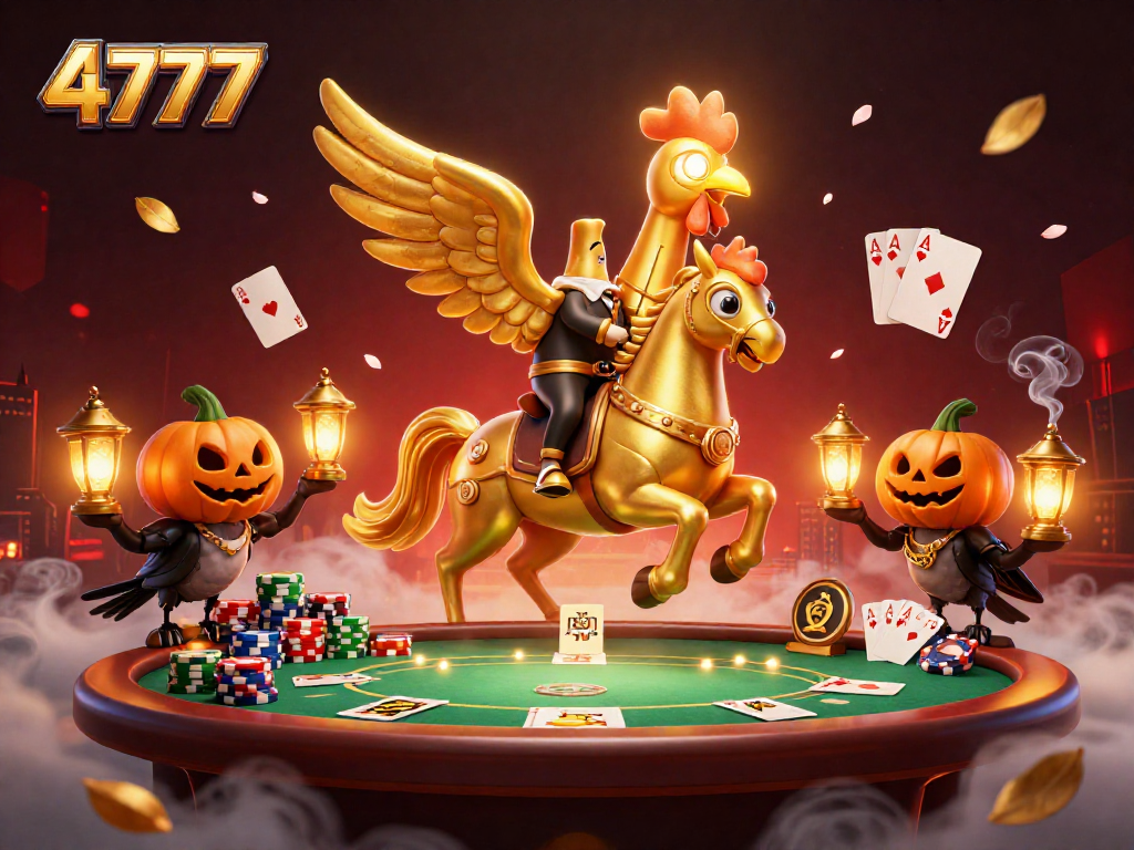 Win big with 4777 in this vibrant casino scene featuring unique 3D characters and poker elements.