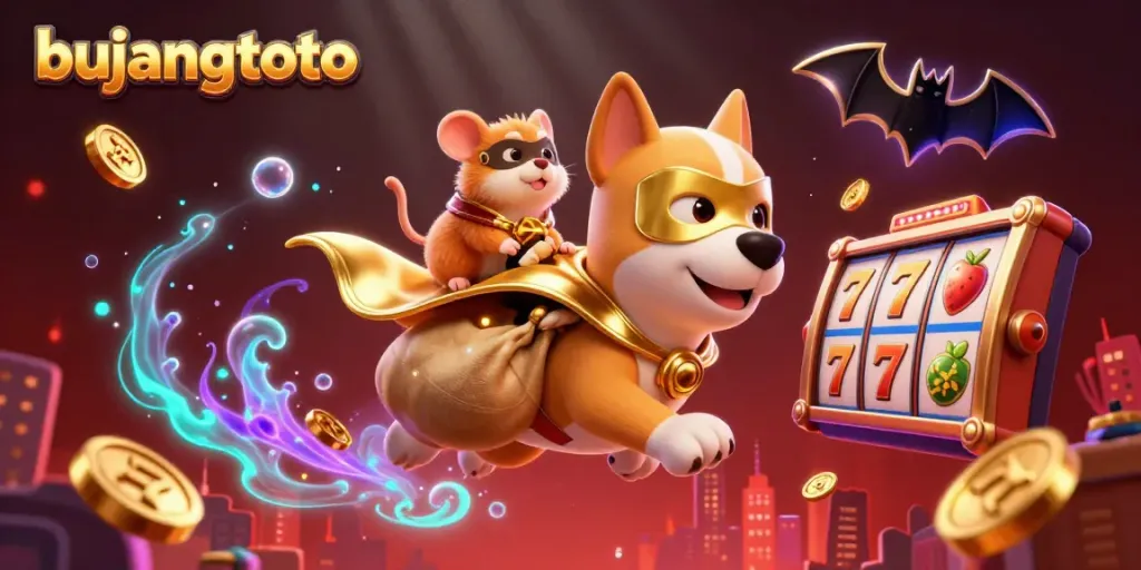 Join the adventure with bujangtoto as the superhero dog and hamster celebrate a big win in this exciting casino scene.