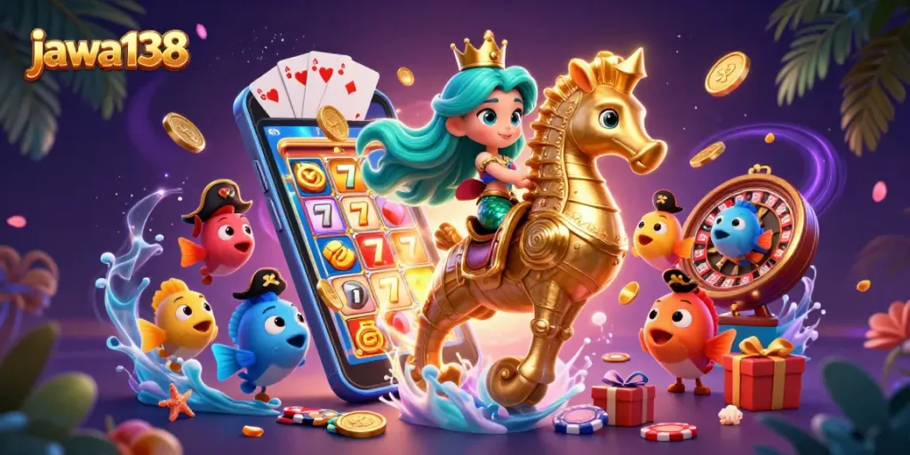 Engage with jaw-dropping slot games on jawa138 as a colorful mermaid princess rides a seahorse!