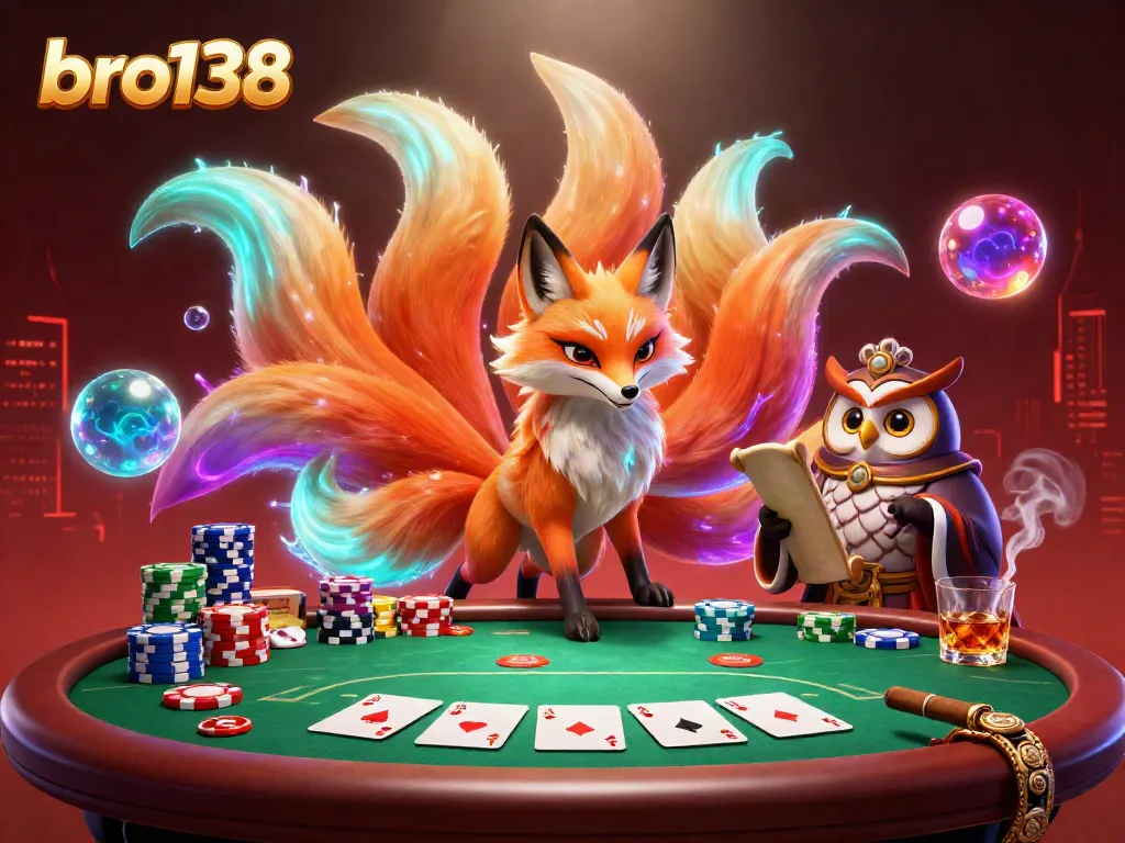 Experience vibrant gaming excitement with bro138 as colorful characters embody luck at a lively poker table.