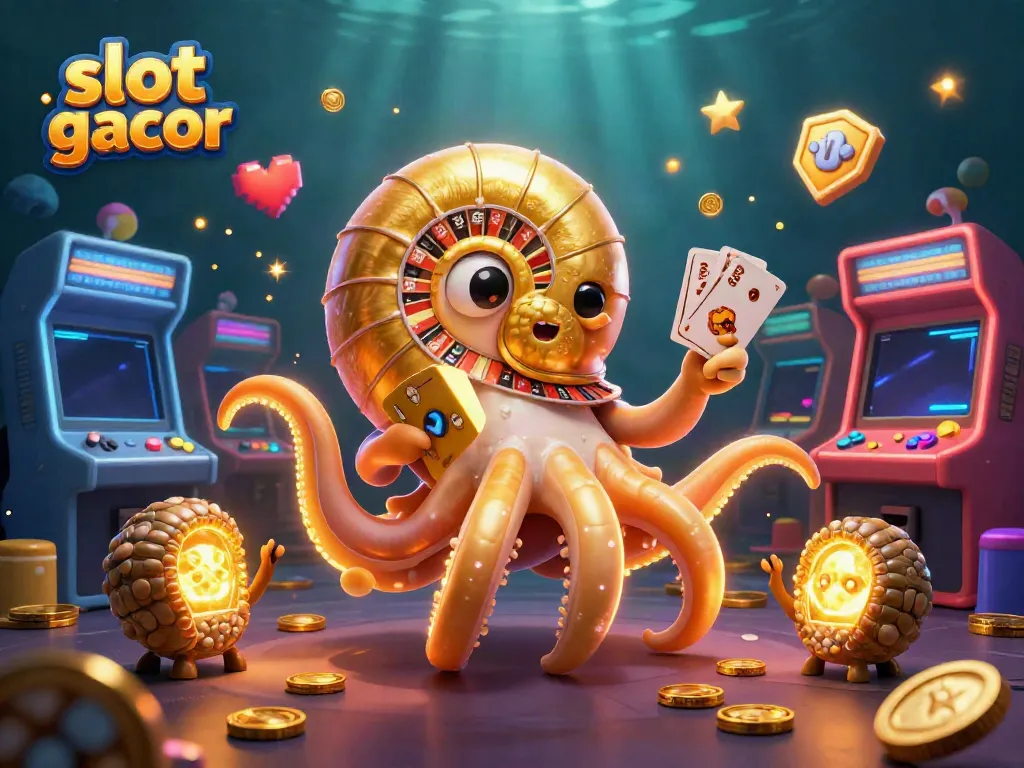 Experience slot gacor excitement with a giant nautilus and glowing ammonites amidst vibrant casino games.