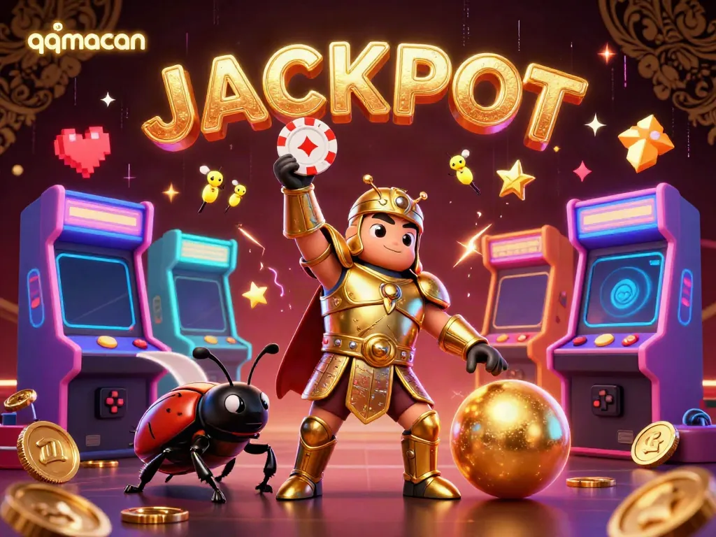 qqmacan showcases a victorious beetle lifting a poker chip, surrounded by colorful gaming elements.