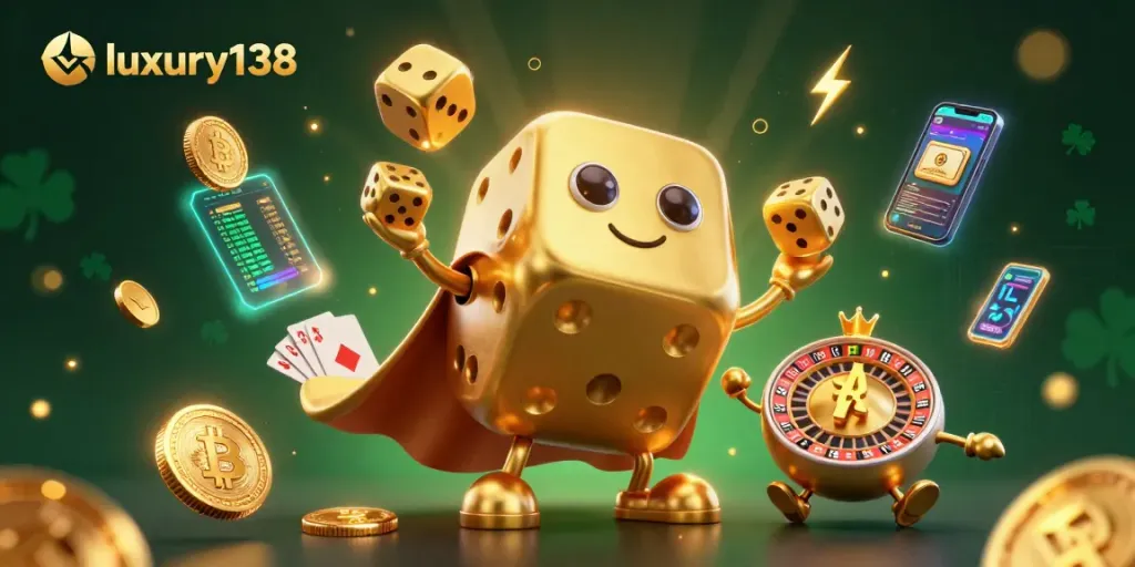 Experience luxury138's thrilling online games featuring a vibrant 3D dice golem and cryptocurrencies.