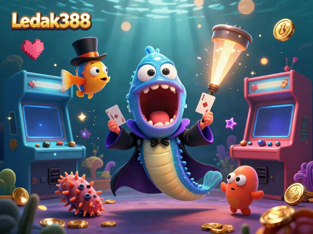 Experience the dynamic magic of Ledak388 with vibrant gaming characters in a colorful underwater casino scene.