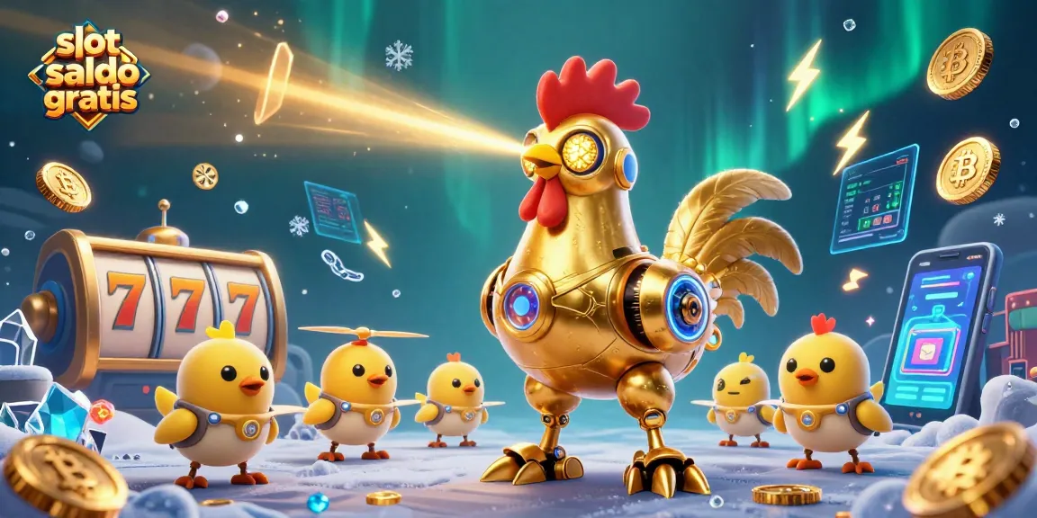 Experience thrilling gameplay with slot saldo gratis and vibrant visuals of a golden rooster robot amidst casino elements!
