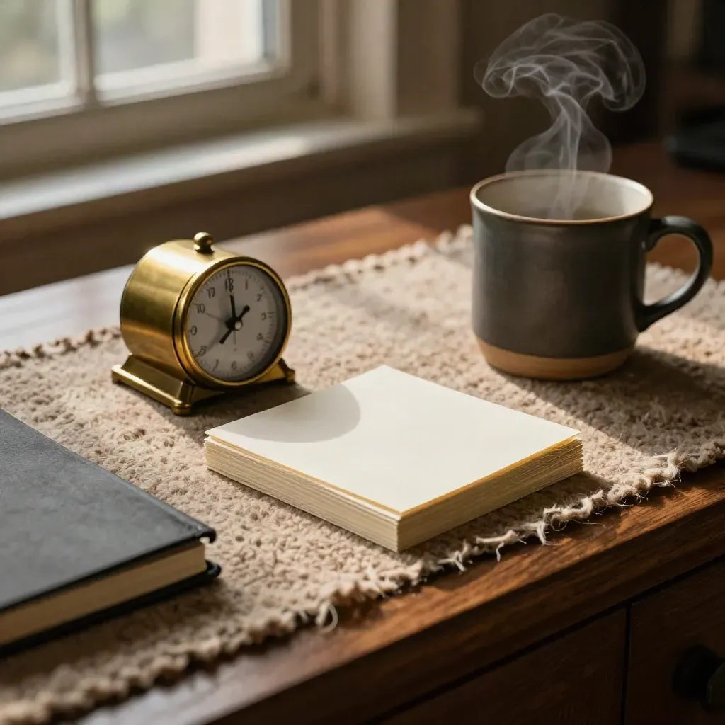 Macro interview-prep tools on a wool runner with a steaming mug and running timer