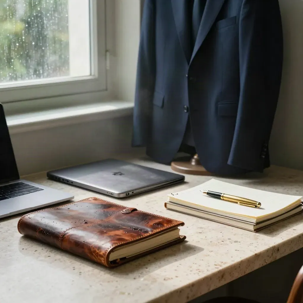Cinematic career-coaching workspace with portfolio, laptop, pen, notebooks and navy jacket in rain-lit haze