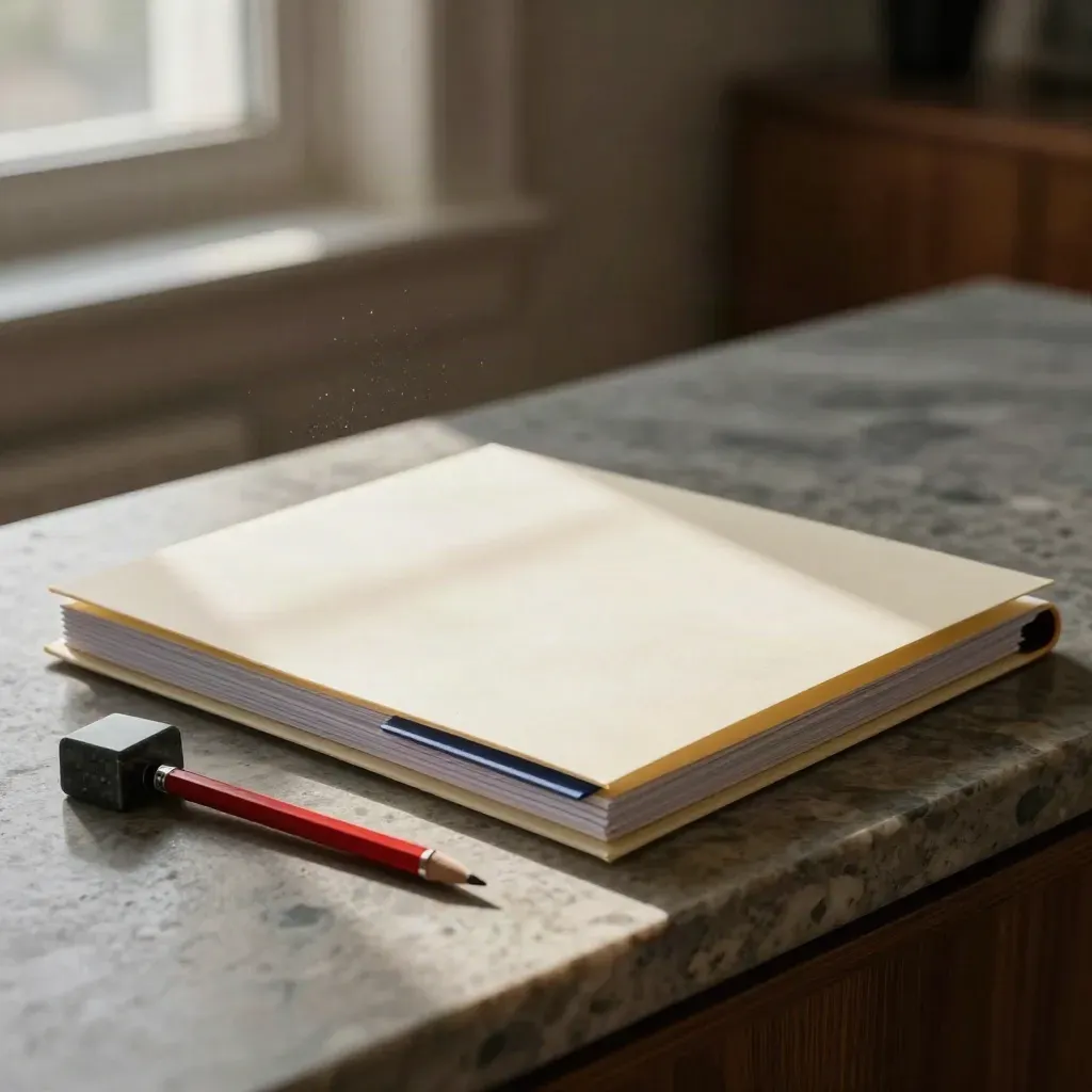 Cream resume packet in a folder on stone, with a red pencil and dark paperweight in window light.
