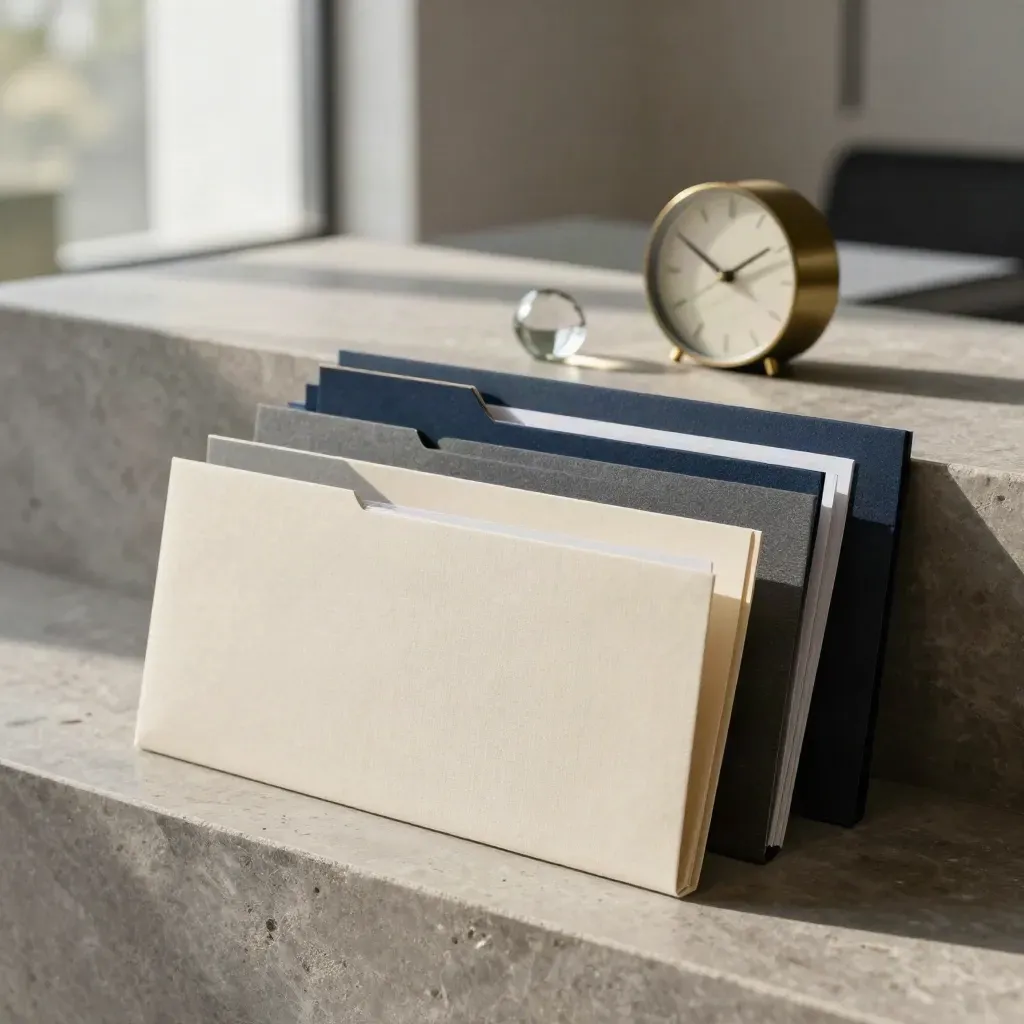 Three stacked folders, glass paperweight and desk clock on stone in warm window light