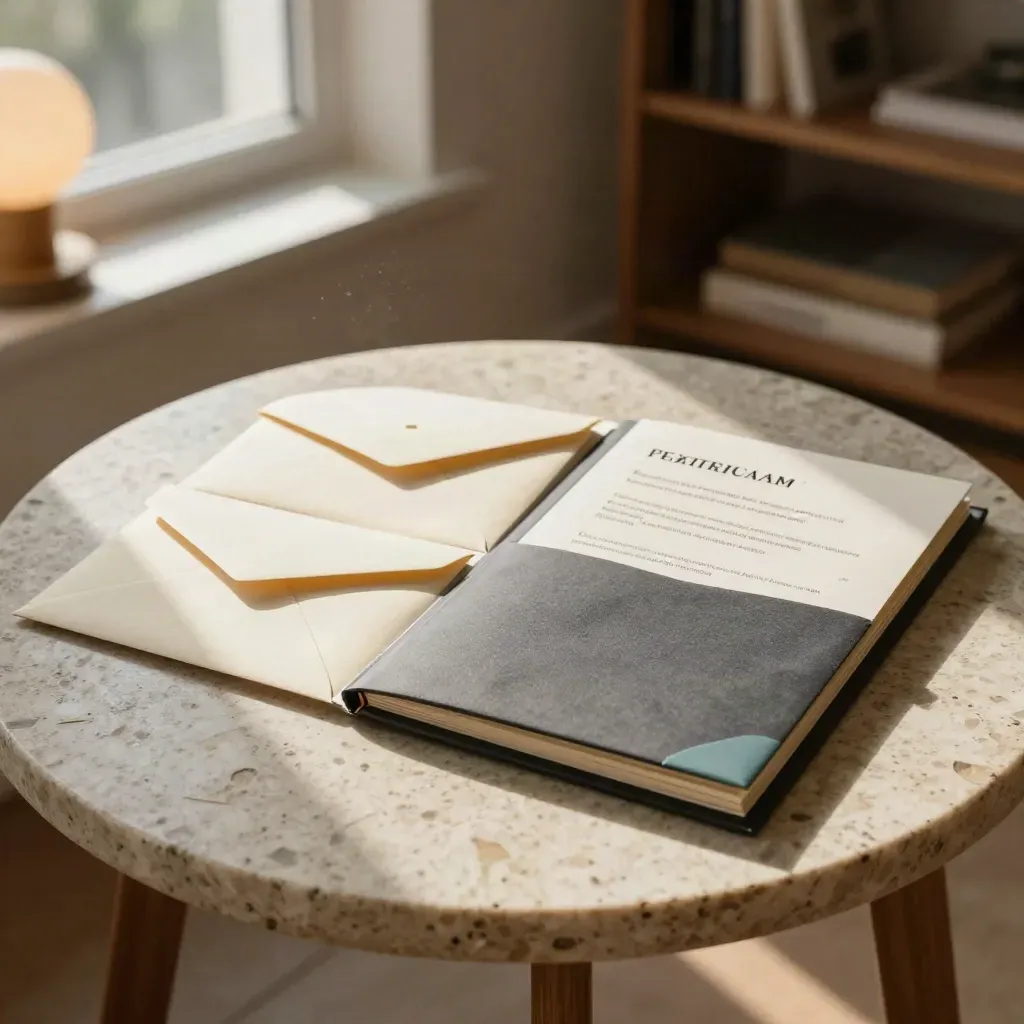 Sealed interview invitations beside a revised portfolio on a travertine side table in window light.