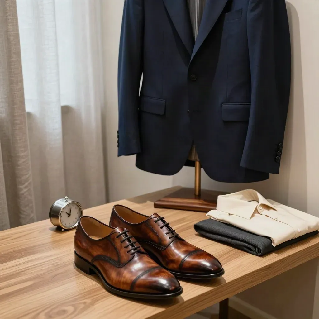 Navy jacket on hanger with polished shoes and timer on a sunlit bench.