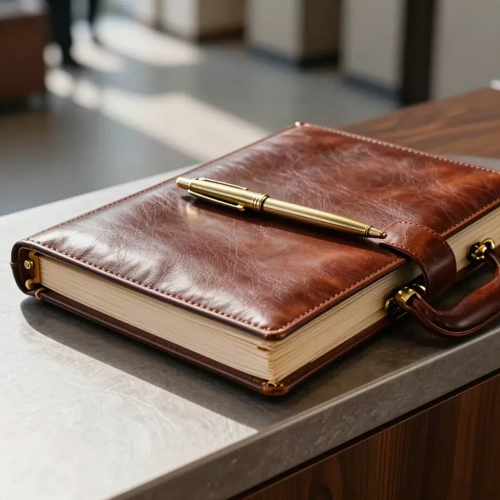 Leather briefcase, gold-tabbed folder and brass pen settling on a stone ledge