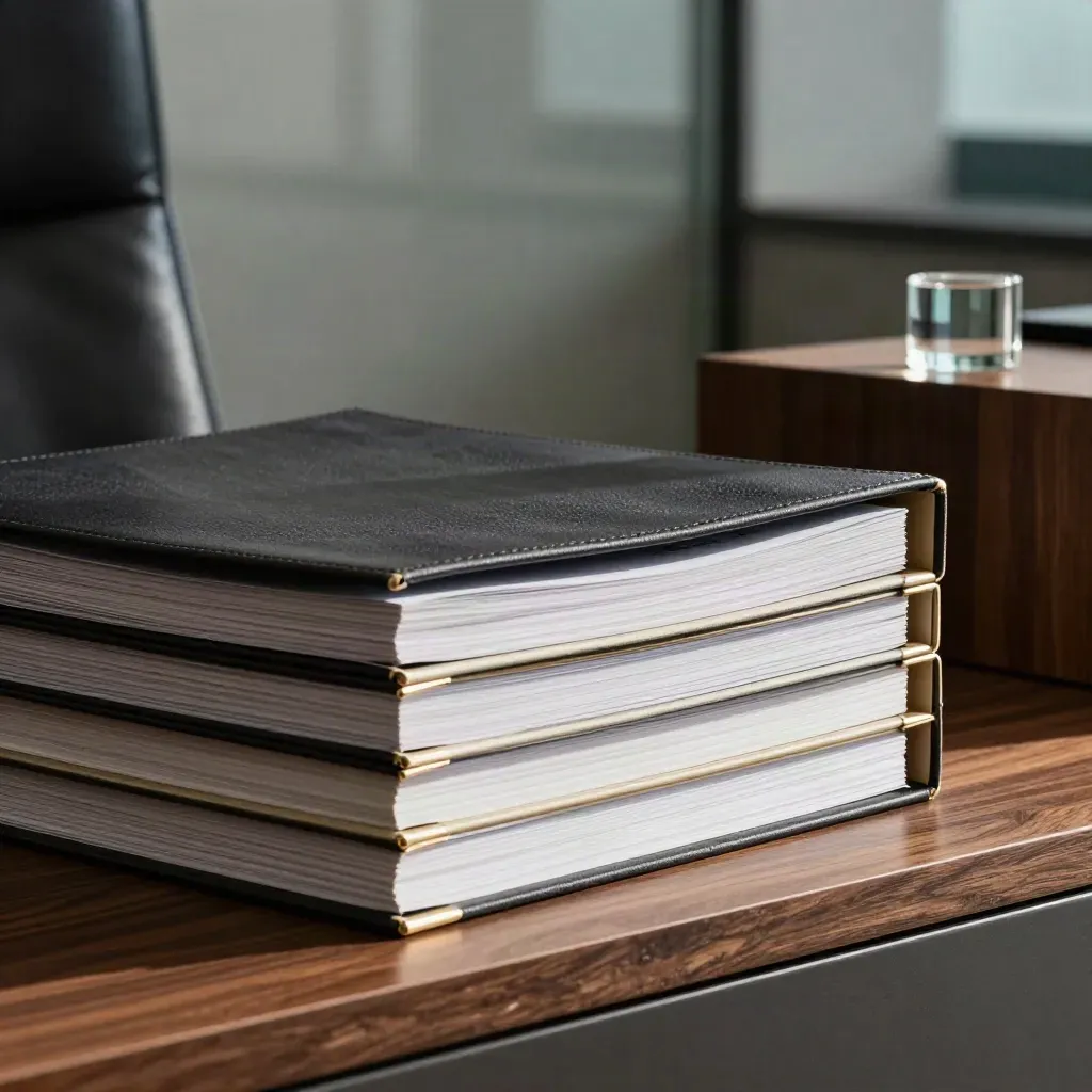 Moody close-up of a high-backed chair, stacked binders, and a glass object on a walnut shelf