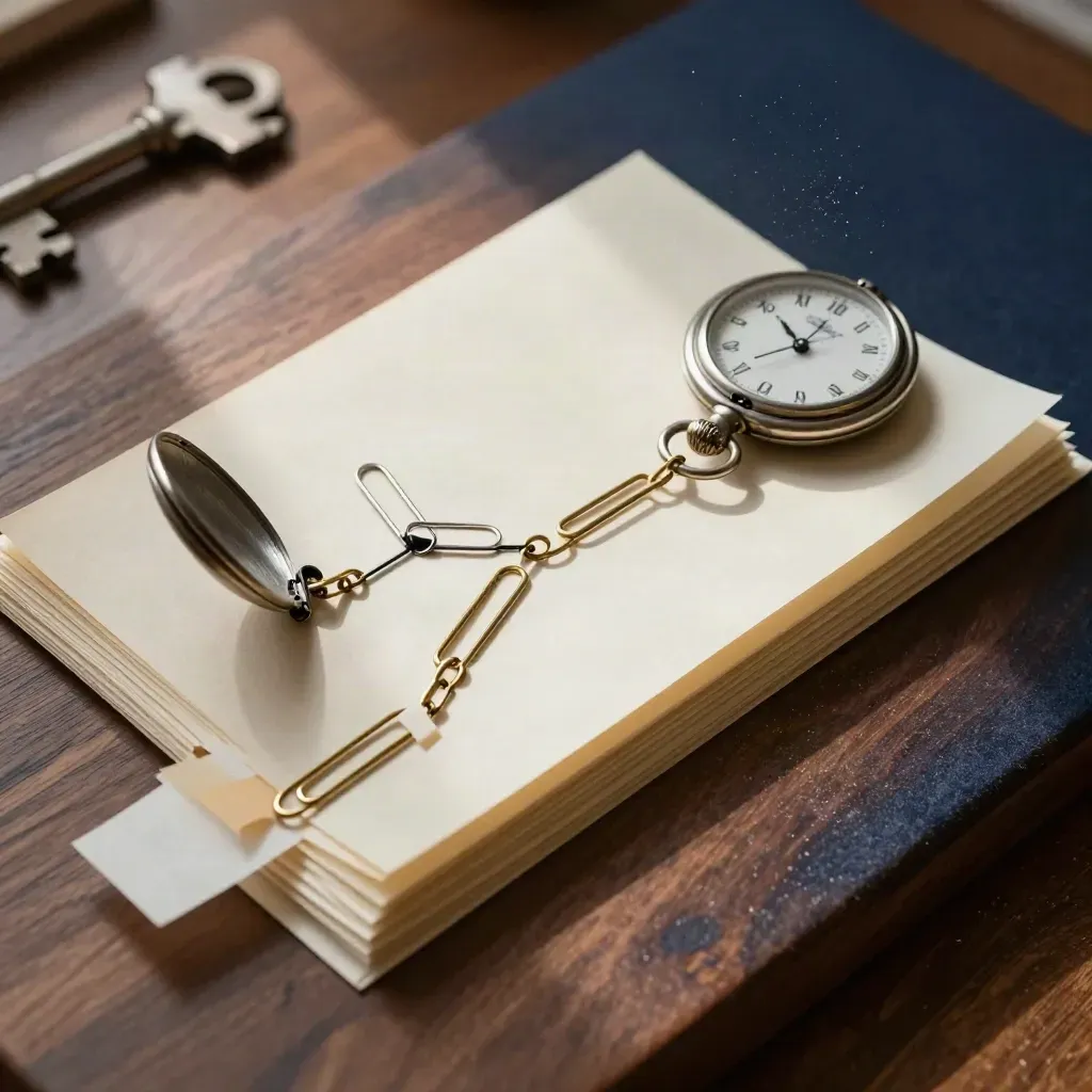 Brass paperclips, layered paper route-map and pocket watch on dark walnut.