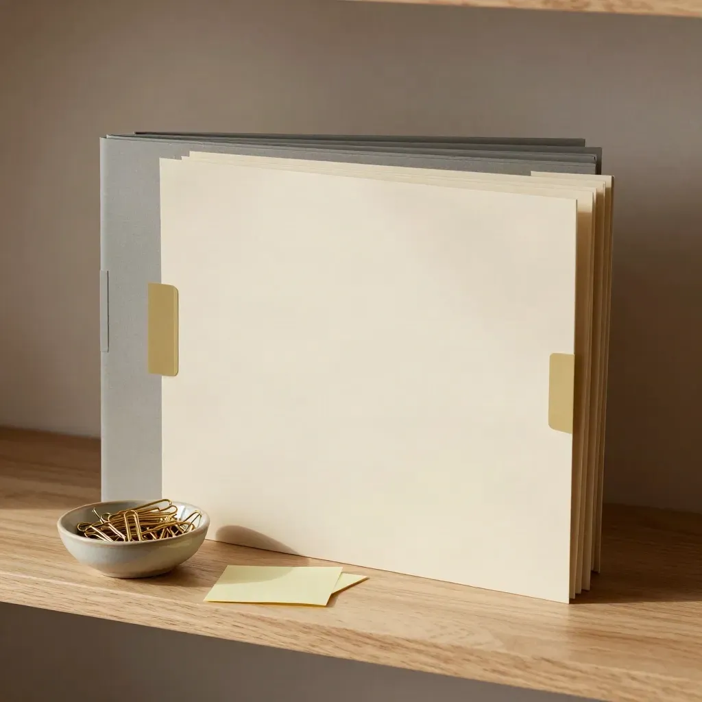 Blank folders, tabs, and paper clips on a pale wood shelf