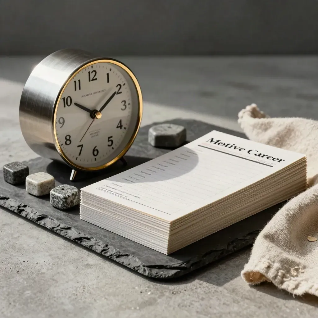 Desk clock, tally stones, and progress stack in a slate tray with soft side light.
