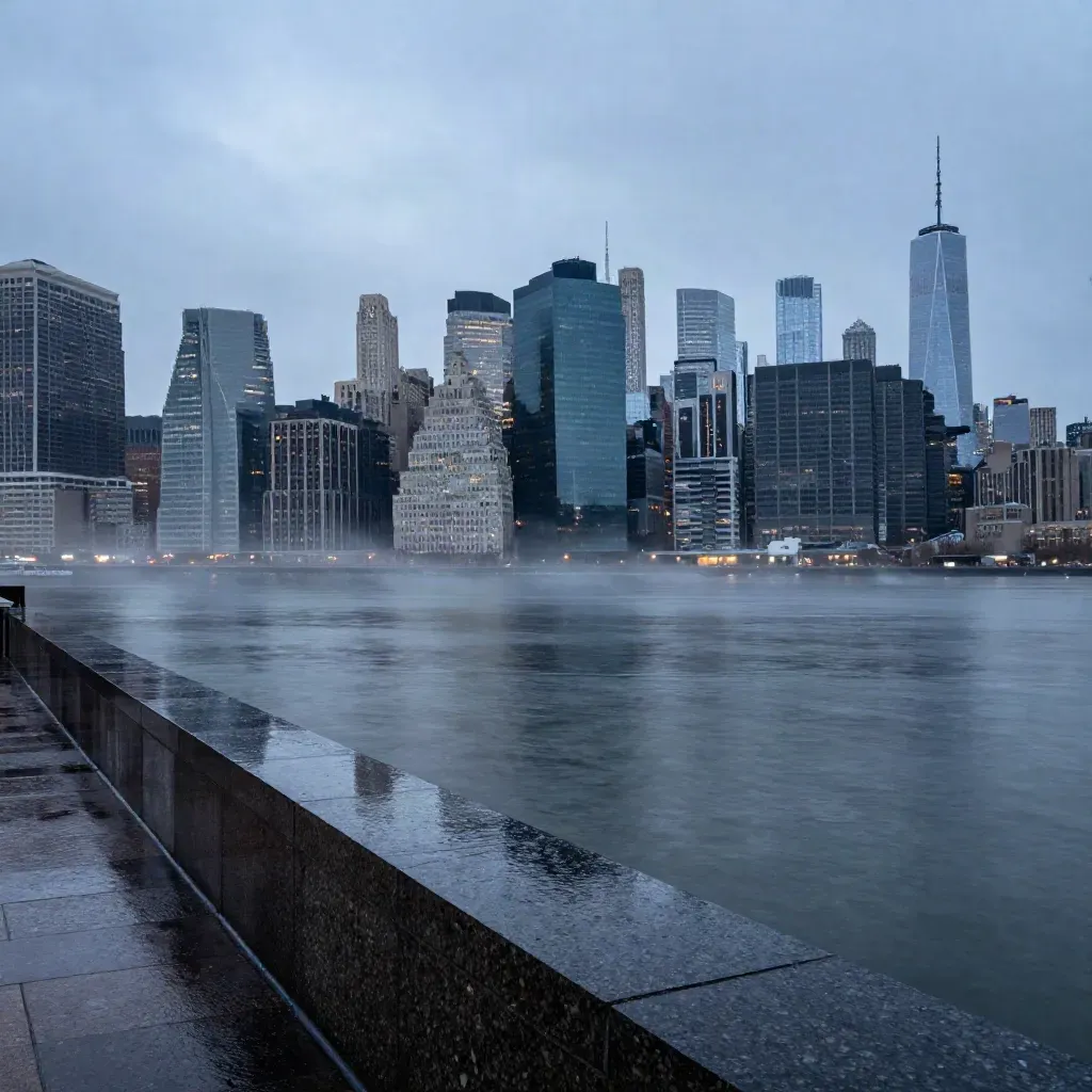 Manhattan skyline above a rain-dark river from a wet rooftop at blue hour