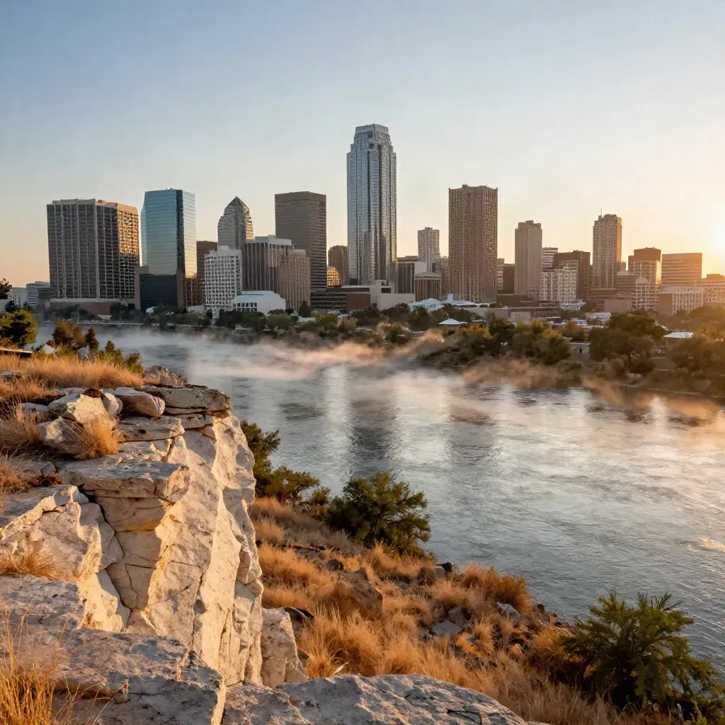 Austin skyline at sunrise beyond a limestone bluff and the Colorado River