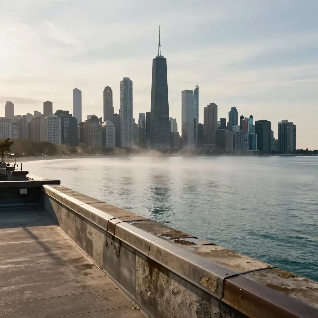 Chicago skyline above misty Lake Michigan, viewed from a rooftop edge at sunset.