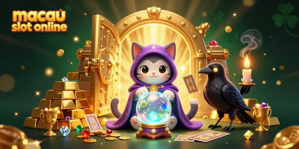 Menangkan permainan macau slot online dengan ilustrasi 3D mistik yang menarik dan elemen kasino menonjol.