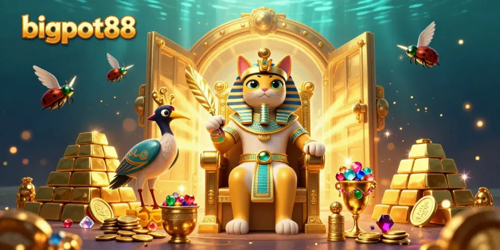 Permainan besar bigpot88 menghadirkan kucing firaun berlapis emas di atas tahta, dikelilingi harta karun.