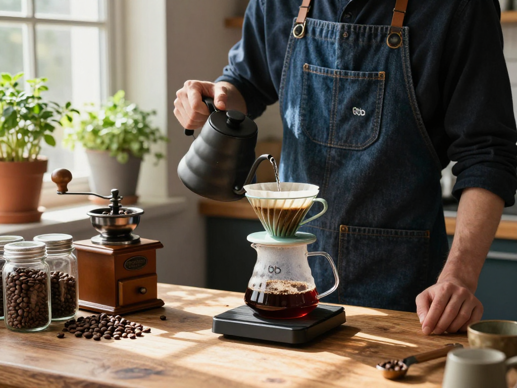 Pour-over coffee brewing scene at www.ebbfilter.com featuring stylish denim apron and Ebb filters.