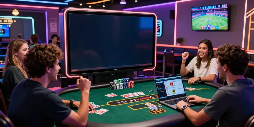 Engaging online gambling atmosphere with players enjoying casino games while exploring Link Alternatif Vegas88 on a laptop.