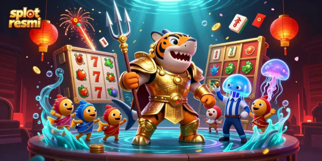Experience excitement with slot resmi as a tiger shark gladiator battles in an underwater casino arena.