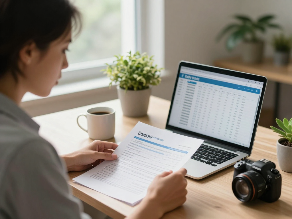 Individual contemplating consolidation options while reviewing financial documents in a serene home office.