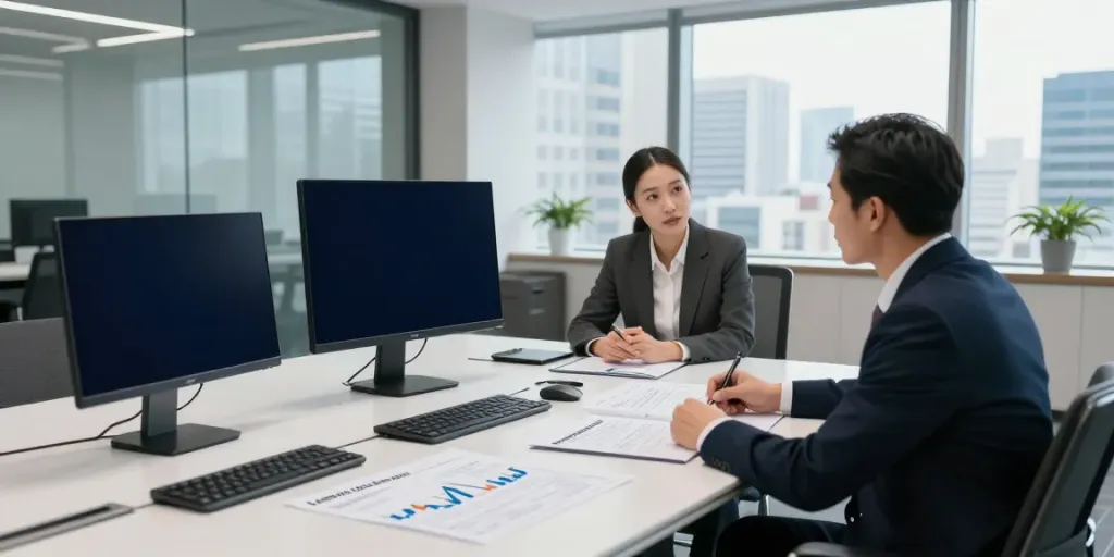 Finance analysts discussing the largest US banks by assets in a modern conference room.