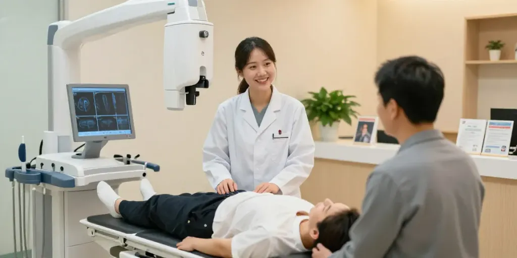 Ein freundlicher Techniker bereitet einen Patienten für die Röntgenreizbestrahlung in der Nähe vor.