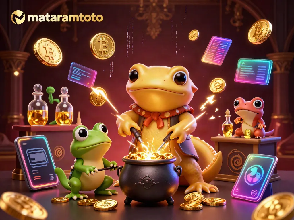 Experience the magic at MATARAMTOTO with a golden alchemist creating wealth through 3D coins in an enchanting casino scene.