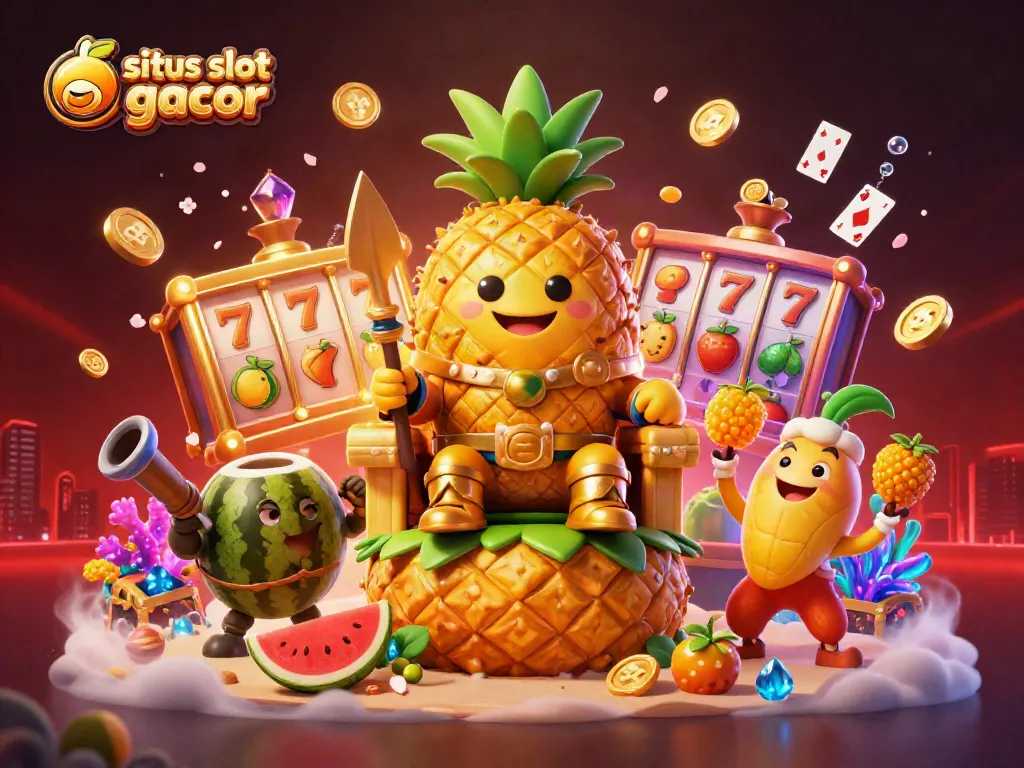 Menggairahkan pengalaman situs slot gacor dengan ilustrasi kasino tropis yang penuh warna, slot yang berputar dan karakter menarik.