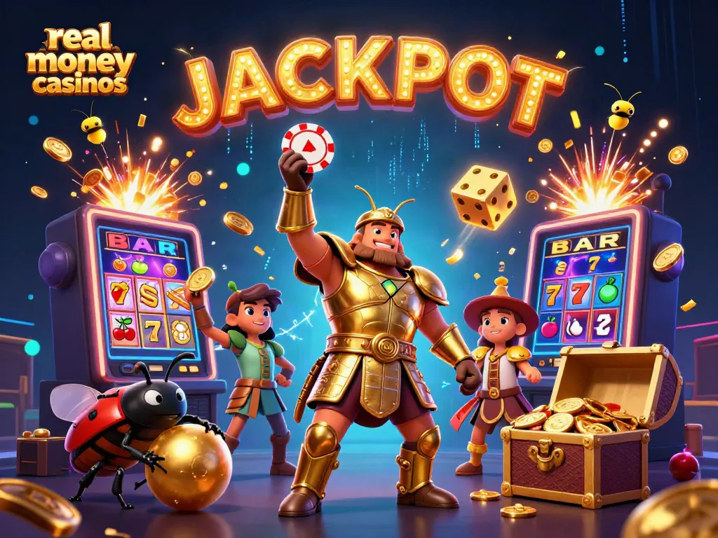 Real money casinos scene with 3D characters celebrating jackpots amid slot machine bursts and vivid colors.