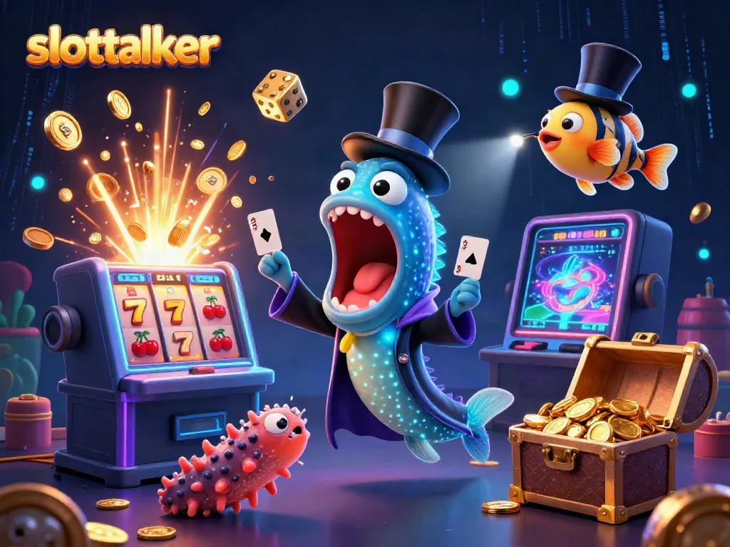 Experience the vibrant excitement of slottalker with a magical 3D casino illustration featuring slot machine and enchanting sea creatures.