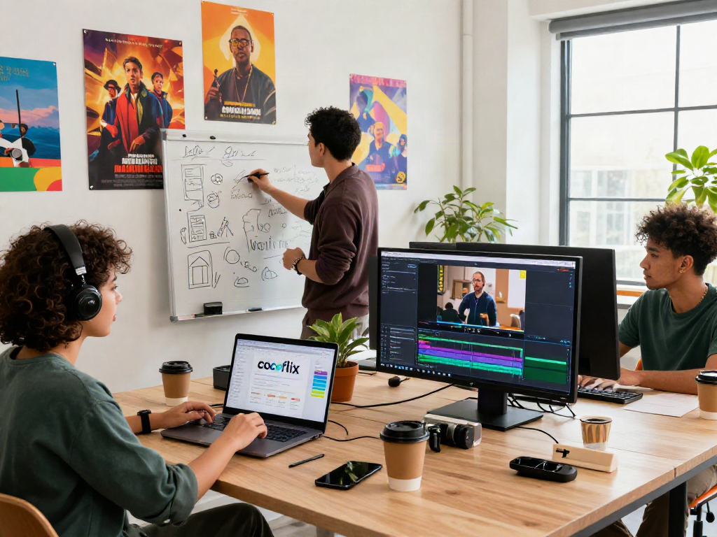 Cocoflix content creators brainstorming ideas in a vibrant workspace, showcasing team collaboration and creativity.