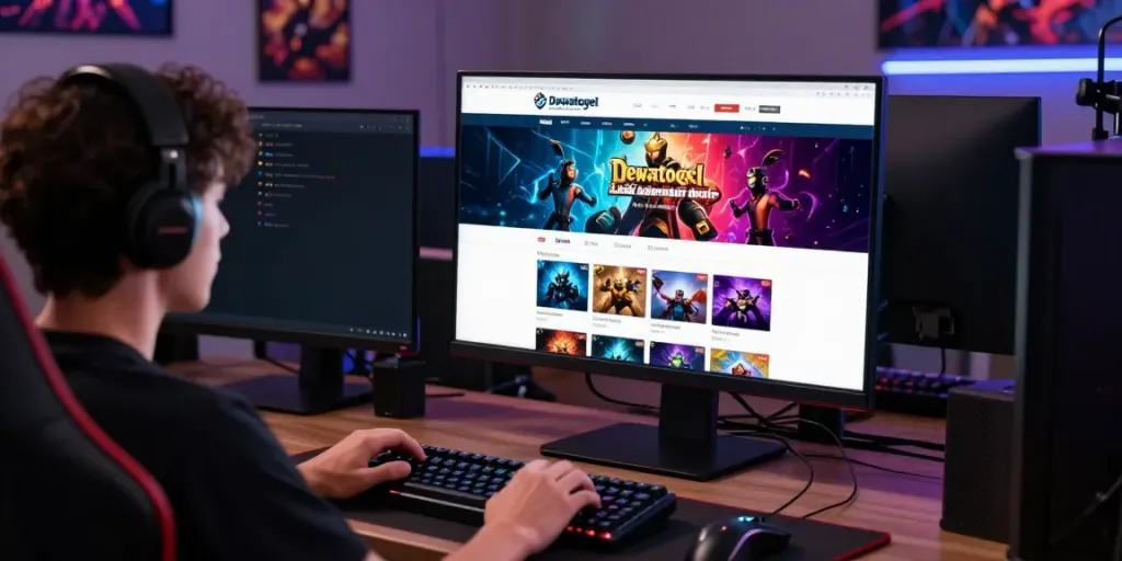 Dewatogel Link Alternatif gaming setup with vibrant interface and accessories.